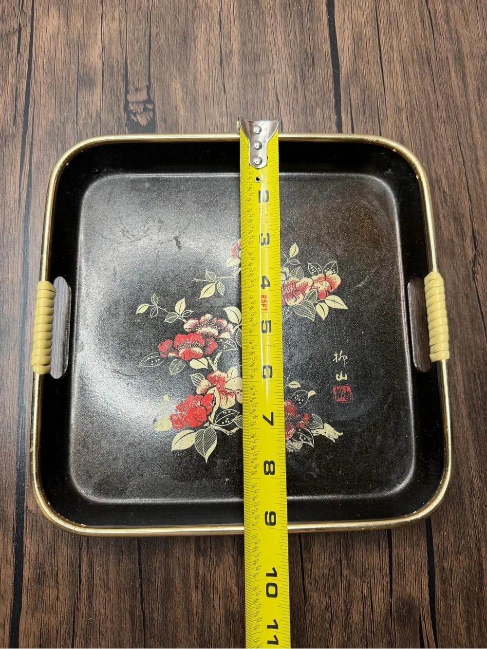 Vintage Floral Serving Trays - Black with Red Flower Motif
